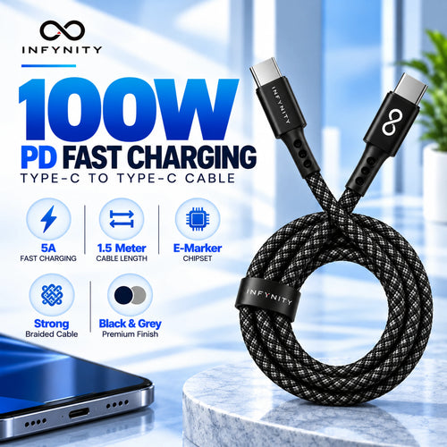 INFYNITY 100W Type-C to Type-C PD Fast Charging Cable – 1.5M, 5A E-Marker