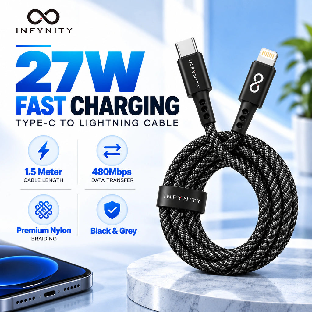 INFYNITY 27W Type-C to Lightning Fast Charging Cable – 1.5M Nylon Braided