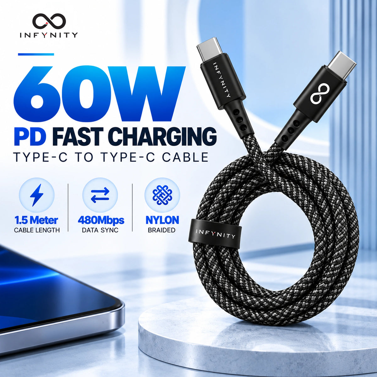 INFYNITY 60W Type-C to Type-C PD Fast Charging Cable – 1.5M Nylon Braided