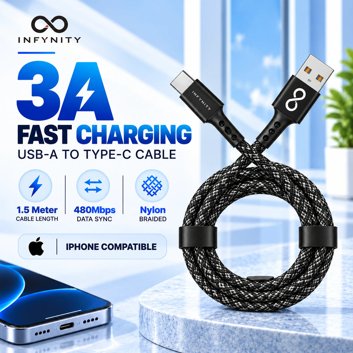 INFYNITY 60W USB-A to Type-C Fast Charging Cable – 1.5M Nylon Braided