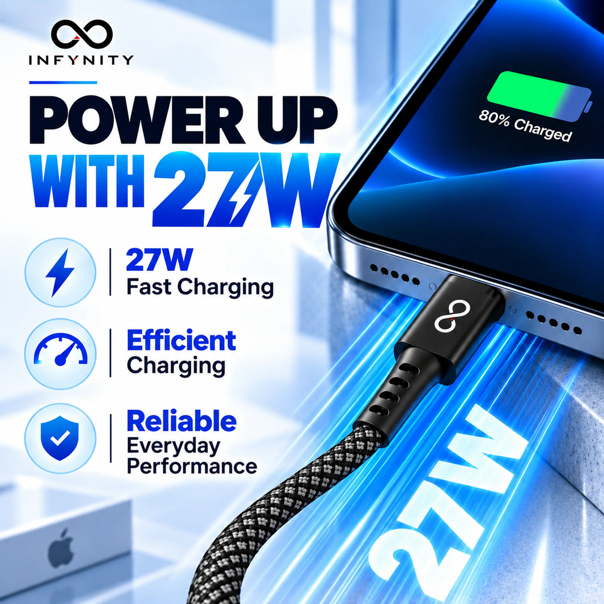 INFYNITY 27W Type-C to Lightning Fast Charging Cable – 1.5M Nylon Braided