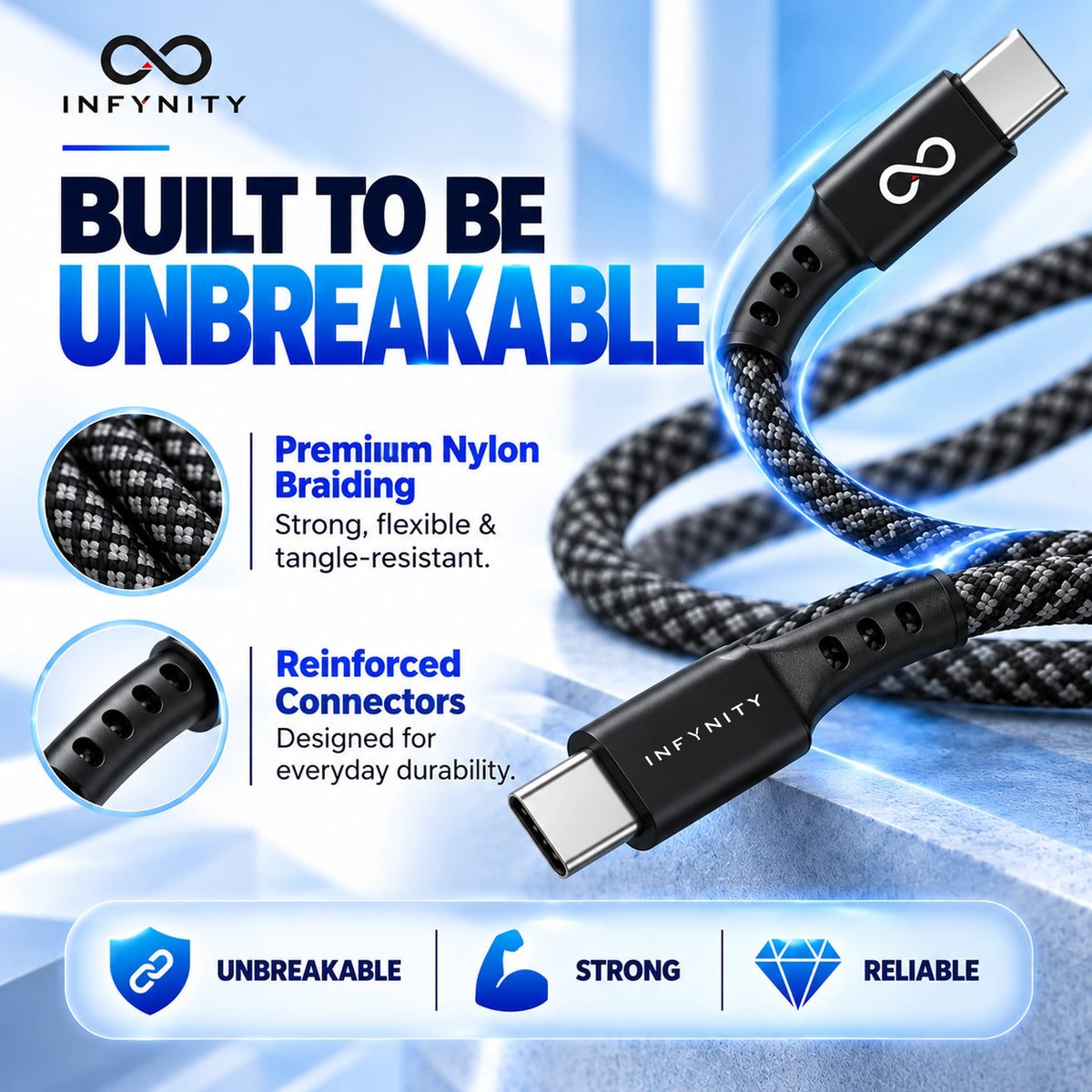 INFYNITY 60W Type-C to Type-C PD Fast Charging Cable – 1.5M Nylon Braided