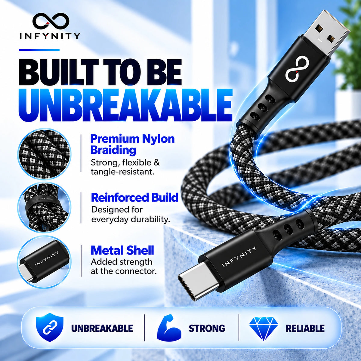 INFYNITY 60W USB-A to Type-C Fast Charging Cable – 1.5M Nylon Braided