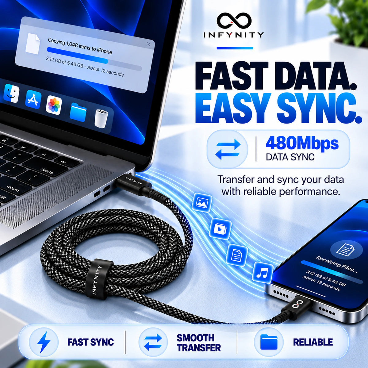 INFYNITY 60W USB-A to Type-C Fast Charging Cable – 1.5M Nylon Braided