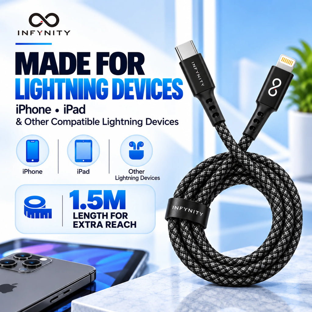 INFYNITY 27W Type-C to Lightning Fast Charging Cable – 1.5M Nylon Braided