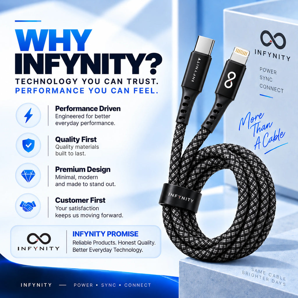 INFYNITY 27W Type-C to Lightning Fast Charging Cable – 1.5M Nylon Braided