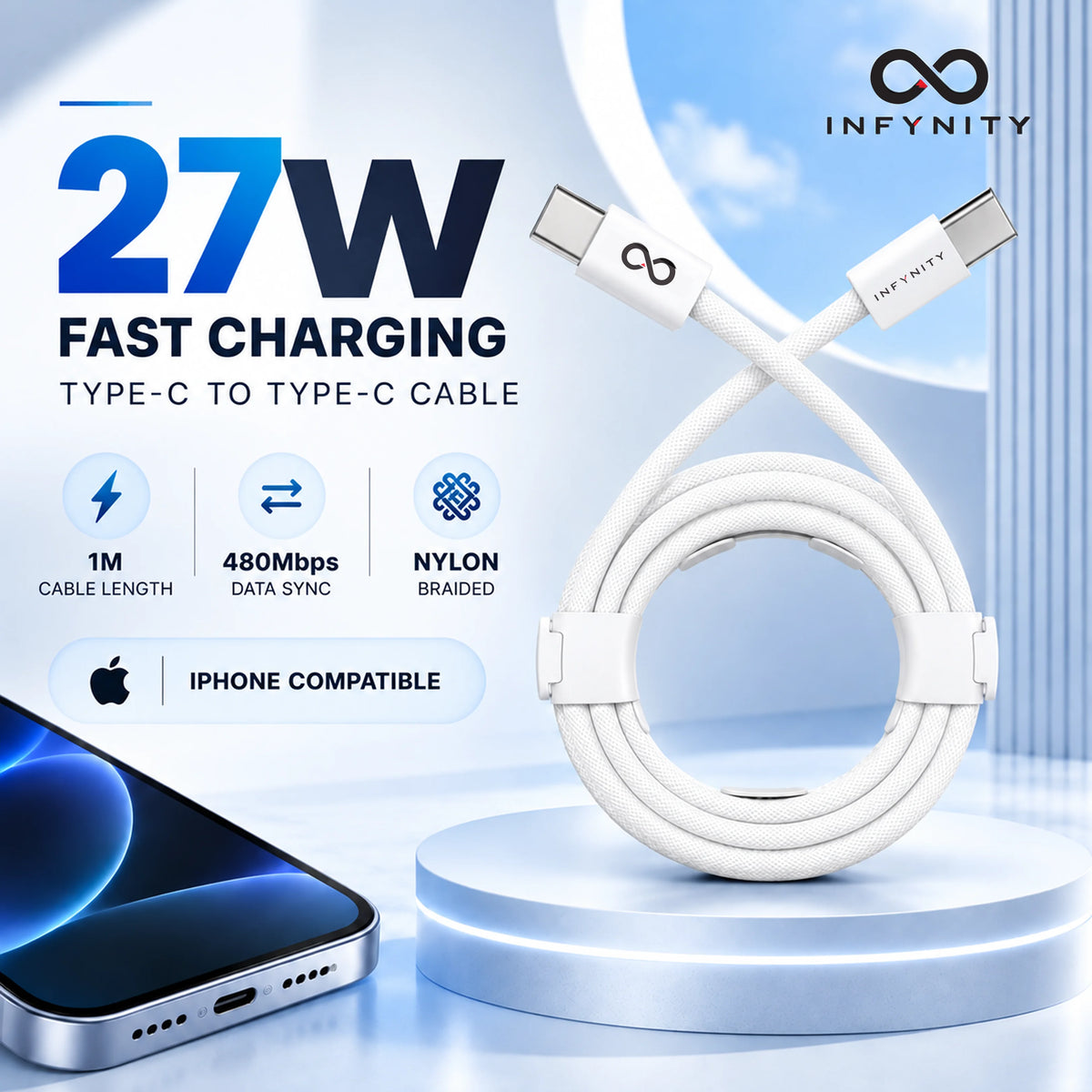 INFYNITY 27W Type-C to Type-C Fast Charging Cable – 1M Nylon Braided