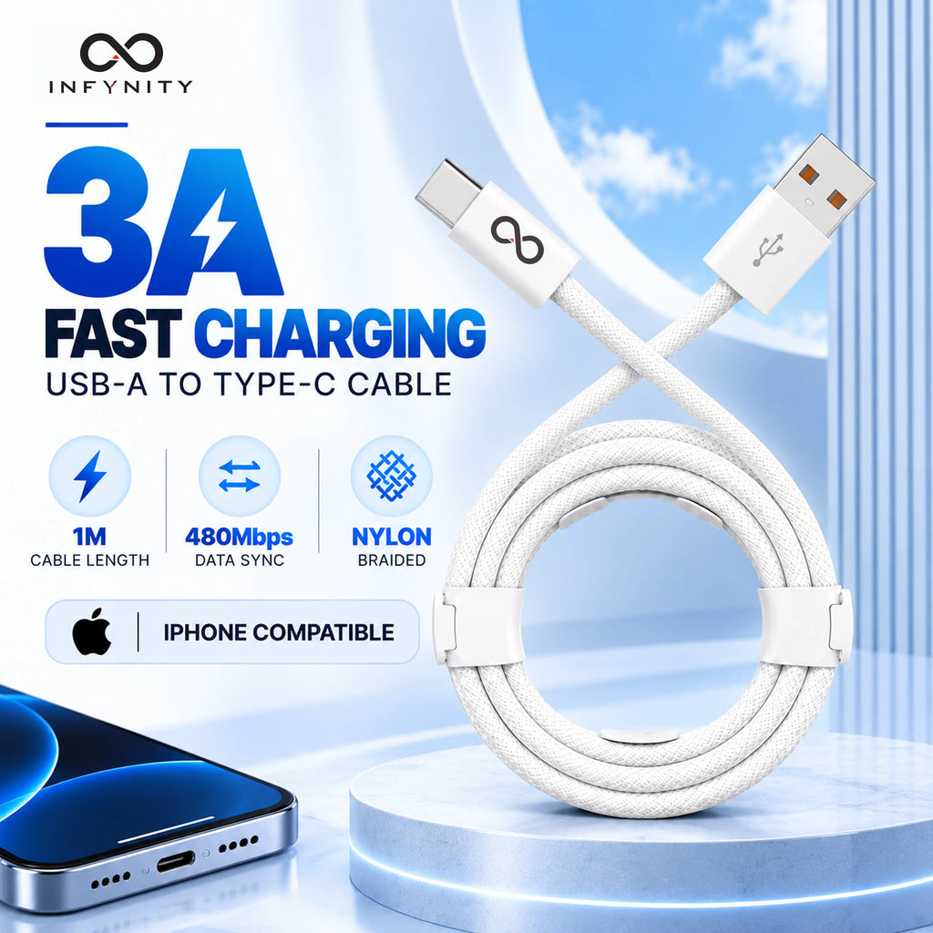 INFYNITY 3A USB-A to Type-C Fast Charging Cable – 1M Nylon Braided