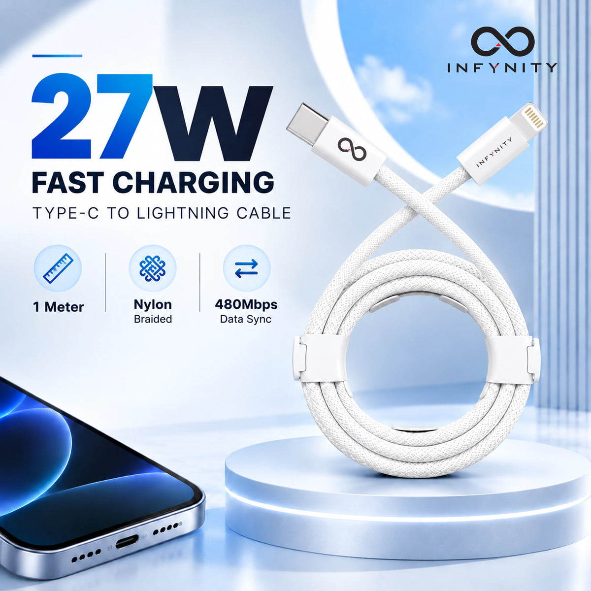 INFYNITY 27W Type-C to Lightning Fast Charging Cable – 1M Nylon Braided