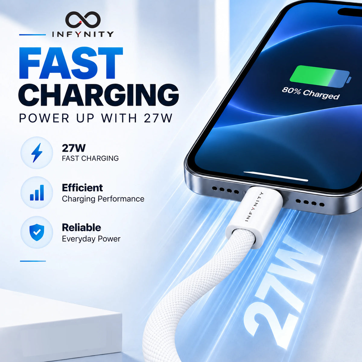 INFYNITY 27W Type-C to Lightning Fast Charging Cable – 1M Nylon Braided
