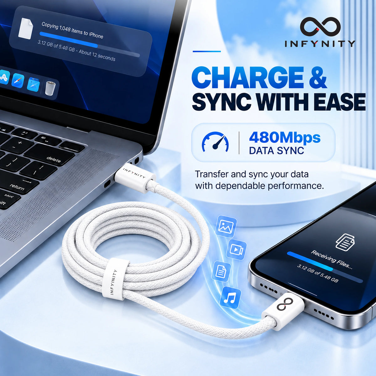 INFYNITY 27W Type-C to Lightning Fast Charging Cable – 1M Nylon Braided