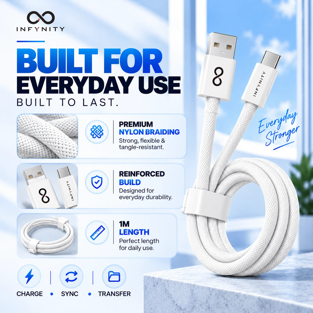 INFYNITY 3A USB-A to Type-C Fast Charging Cable – 1M Nylon Braided