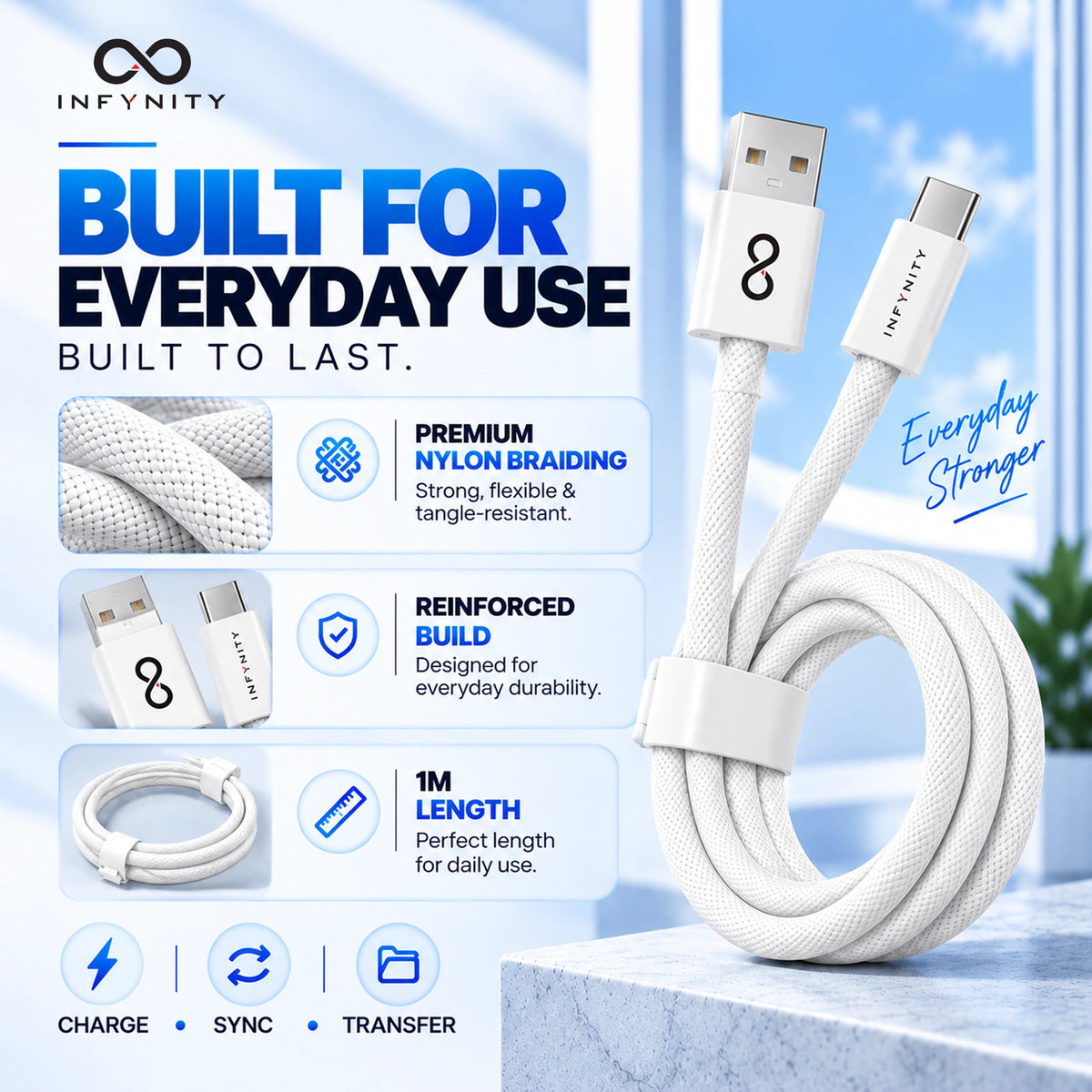 INFYNITY 3A USB-A to Type-C Fast Charging Cable – 1M Nylon Braided