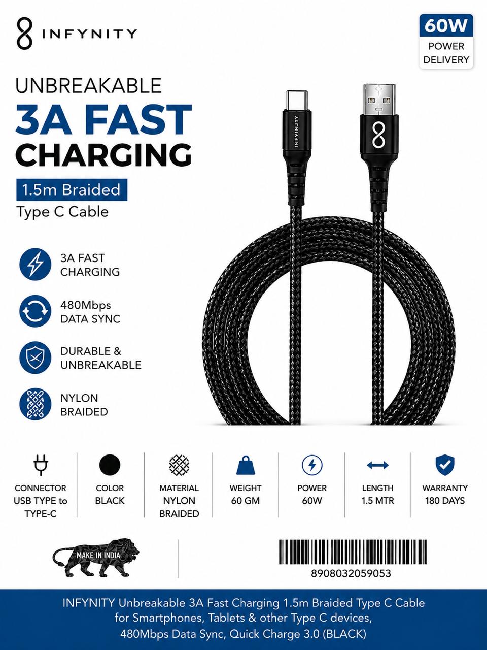 USB TYPE to TYPE-C CABLE BLACK 60W